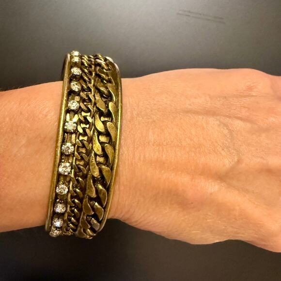 Unsigned Brass & Rhinestone Cuff Bracelet - Picture 4 of 7